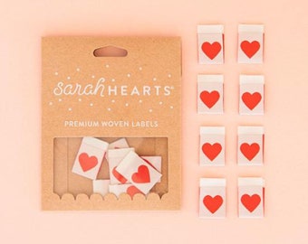 Sarah Hearts Premium Woven Tags -  Red Heart - perfect for all your handmade projects -  LP182 - 8 hearts per package