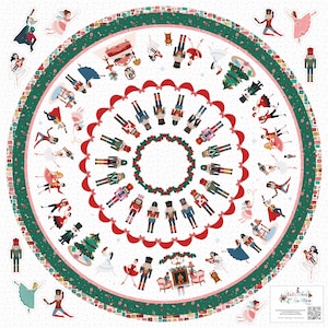 May include: Circular fabric panel featuring a festive Nutcracker theme. The design includes illustrations of nutcrackers, ballerinas, and Christmas trees arranged in a circular pattern. The border is green with a red scalloped inner edge, creating a holiday-themed textile.