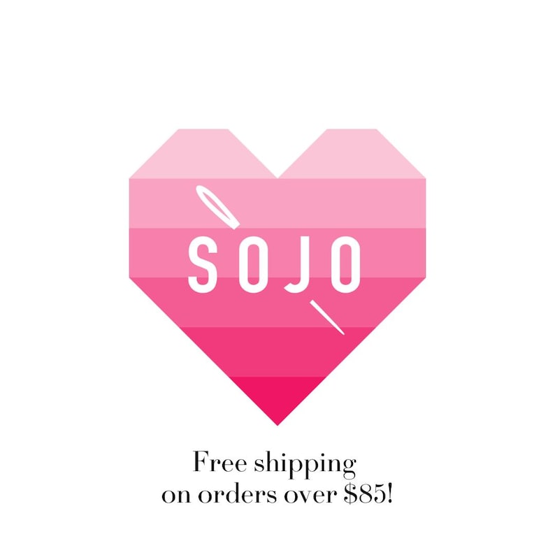 May include: A heart-shaped graphic composed of horizontal stripes in varying shades of pink, ranging from light to dark. The word SOJO is printed in white capital letters across the center, with a white needle icon angled behind the text.