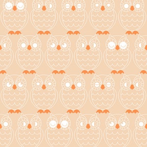 May include: A seamless pattern featuring white owls with orange beaks and feet on a peach background.