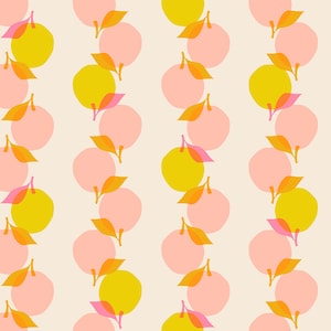 May include: A seamless pattern featuring alternating rows of pink and yellow circles with orange leaves. The circles are arranged in a vertical line, creating a repeating pattern.
