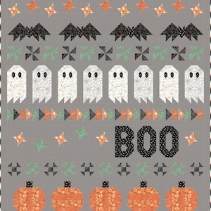 May include: A Halloween-themed quilt with a gray background. The quilt features bats, ghosts, pumpkins, and the word "BOO" in black. Orange and black accents are used throughout the design. The quilt is a patchwork design.