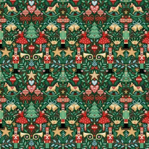 May include: A repeating pattern on a dark green background featuring Christmas motifs including nutcrackers, ballerinas, rocking horses, Christmas trees, gold bells, crowns, stars, red ornaments, and musical horns in red, gold, and white.
