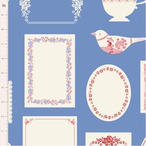 May include: A blue background with various decorative elements. There are several rectangular and oval frames with floral borders in red and blue. A white teacup, a bird illustration, and floral accents complete the design.