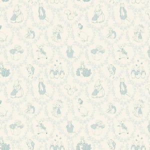 May include: A repeating pattern featuring light blue illustrations of various animals and characters, including rabbits, foxes, and squirrels, set against a cream-colored background. The design incorporates a delicate, leafy vine motif, creating a whimsical and charming aesthetic.