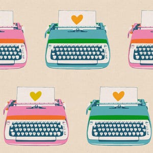 May include: A repeating pattern of colorful vintage typewriters. The typewriters are in shades of pink, teal, and orange, with white keys and a sheet of paper with a yellow heart. The background is a light beige color.