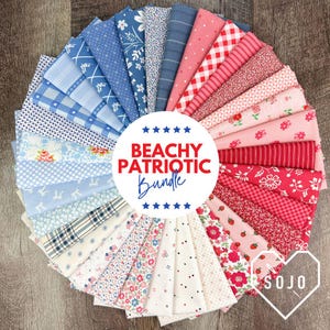 May include: A collection of fabric squares in shades of blue, red, and white, arranged in a circular pattern. The fabrics feature various patterns, including floral, gingham, and polka dots. The text "BEACHY PATRIOTIC Bundle" is in the center.