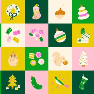 May include: A grid of square gift tags featuring festive illustrations including Christmas trees, ornaments, animals, candy, and holiday text like HO HO HO, PEACE, MERRY HAPPY, and MADE WITH LOVE in a color palette of green, yellow, pink, and white.