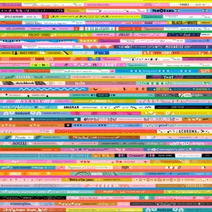 May include: A colorful, patterned artwork featuring numerous horizontal bands with text and decorative elements. The bands vary in color, including pink, blue, green, and yellow, with text such as "SANTA FE" and "FLOWER SHOP".