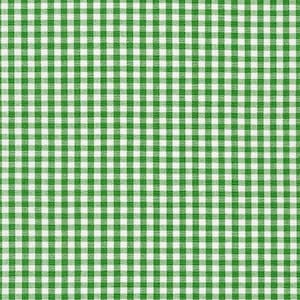 May include: A close-up shot of a green and white checkered fabric. The pattern is a classic gingham design, with evenly spaced squares of green and white. The fabric appears to be cotton or a similar material, with a slightly textured surface.
