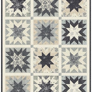 May include: A quilt featuring a grid of twelve star-shaped blocks in shades of charcoal, slate gray, cream, and beige. Each block displays a unique combination of floral, damask, and polka dot patterns, separated by cream sashing and small gray squares.