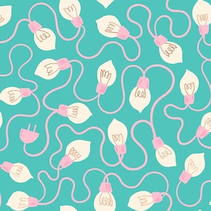 May include: A repeating pattern on a teal background featuring white light bulbs with pink bases connected by winding pink electrical cords. The design includes several pink electrical plugs interspersed throughout the continuous string light illustration.
