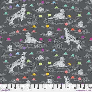 May include: A fabric pattern featuring seals in a sea of gray, with colorful polka dots and white line art waves. The seals are white with black spots, some on ice floes. The text "freespiritfabrics.com" is at the bottom.
