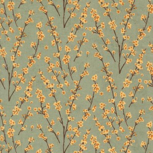 May include: A repeating pattern of yellow blossoms and brown branches on a muted teal background. The floral design is evenly spaced, creating a textured, natural aesthetic. The pattern is suitable for fabric or wallpaper.