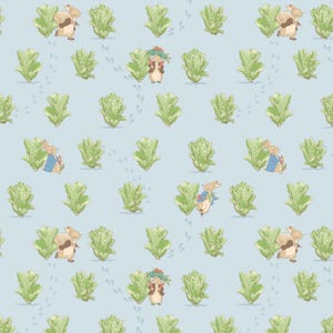 May include: A repeating pattern featuring illustrations of rabbits and a small rodent, interspersed with green lettuce plants, on a light blue background. Footprints are scattered throughout the design. The rabbits are wearing blue and brown clothing.