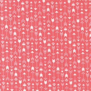 May include: A repeating pattern of white arrows, hearts, and diamonds on a coral pink background.