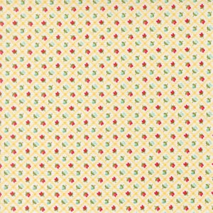 May include: A fabric pattern featuring a yellow and white diagonal gingham check background. Small, repeating floral motifs are arranged in a grid, alternating between red rosebuds and light blue bell-shaped flowers with green stems.