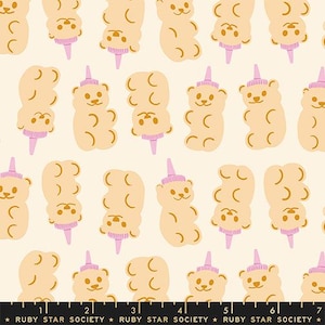 May include: A repeating pattern of light tan gummy bear shapes with pink hats and cones on a cream background. The bears have smiling faces and are arranged in various orientations. The text "RUBY STAR SOCIETY" is at the bottom.