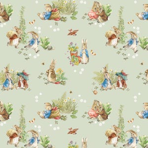 May include: A repeating pattern featuring illustrations of rabbits in various poses, dressed in blue jackets and other attire, amidst flowers, butterflies, and foliage. The background is a soft, muted green.