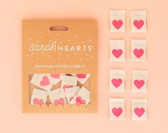 Sarah Hearts Premium Woven Tags -  Pink Heart - perfect for all your handmade projects -  LP150 - 8 hearts per package