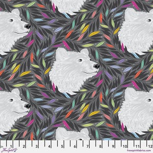 May include: Fabric with a repeating pattern of white polar bear heads and colorful leaves on a dark gray background. The fabric has a whimsical, nature-inspired design, with the text "Free Spirit Fabrics" at the bottom.