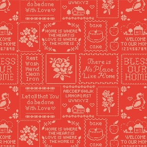 Home Sweet Home - Cross Stitch Red - designed by Elea Lutz for Poppie Cotton - 100% cotton - sold by the half yard