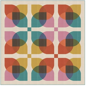 May include: A square quilt featuring a repeating geometric pattern of overlapping petal shapes in shades of orange, yellow, teal, and pink. The design is set against a cream-colored background with small solid squares at the intersections.