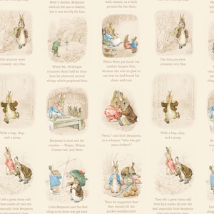 May include: A repeating pattern featuring illustrations from a children's storybook. The images depict rabbits in various scenes, with text excerpts from the story. The color palette is soft, with beige, brown, and pastel tones.