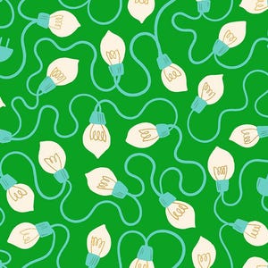 May include: A repeating pattern on a vibrant green background featuring a series of interconnected light bulbs with teal sockets and cords. The illustration includes several teal electrical plugs scattered throughout the continuous design.
