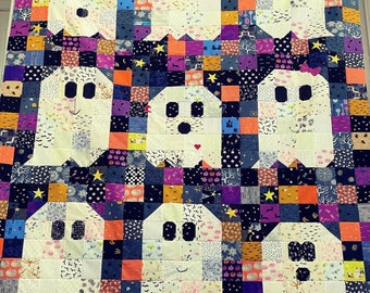 Ghost Party Quilt Kit with Colorful Background - curated by Sojo Fabric - Finished Size: 60" x 72"