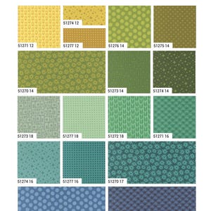 May include: A collection of Scenery fabric swatches by Elizabeth Hartman featuring various geometric, floral, and star patterns in shades of yellow, green, teal, and blue. Each swatch is labeled with a specific product code like 51271 12.