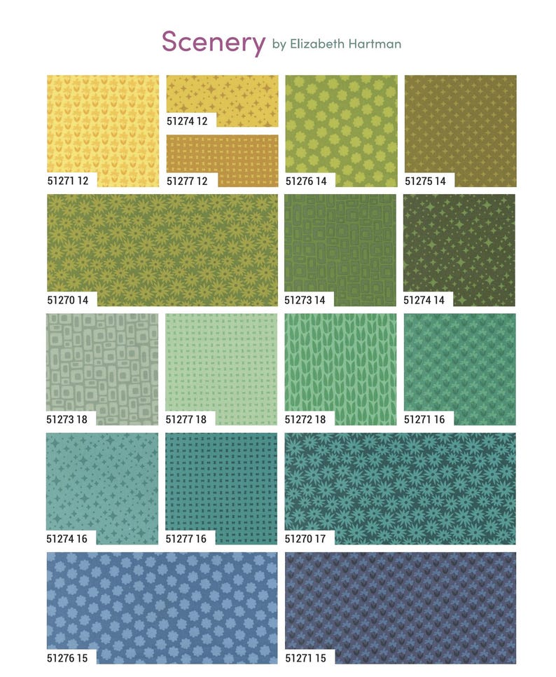 May include: A collection of Scenery fabric swatches by Elizabeth Hartman featuring various geometric, floral, and star patterns in shades of yellow, green, teal, and blue. Each swatch is labeled with a specific product code like 51271 12.