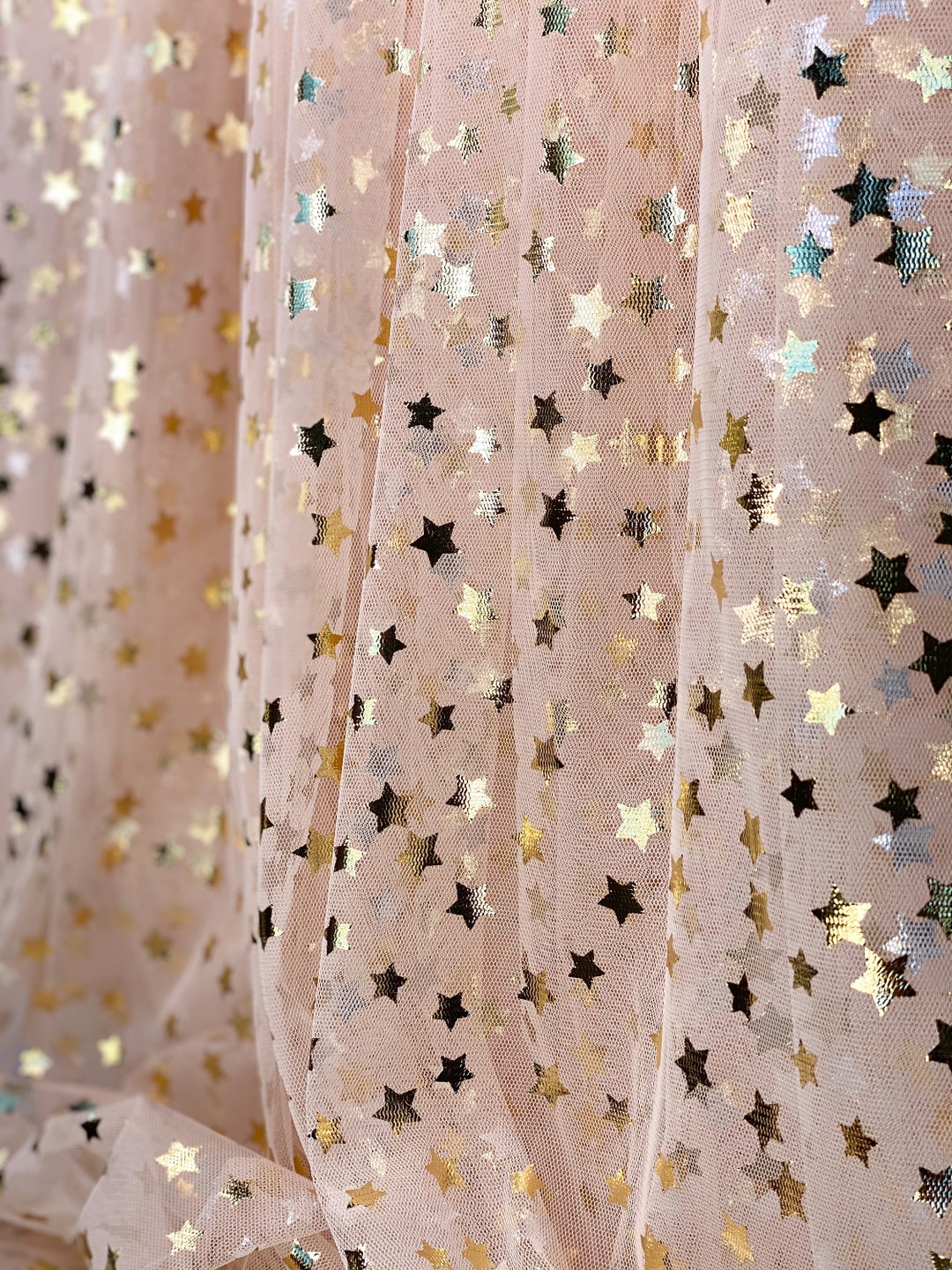Polyester Tulle Gold Stars on Beige Tulle Fabric: Ultra-fine Tulle - Polyester, 58 ...