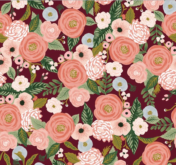 GARDEN PARTY Steel Wild Rose Burgundy Metallic by Rifle Paper Co RP303-BU5M Cotton