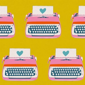 May include: A repeating pattern of pink typewriters with orange accents and white paper featuring a teal heart. The typewriters have black keys and are set against a yellow background.