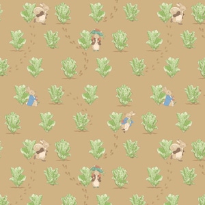 May include: A repeating pattern featuring illustrations of rabbits and a mouse in a garden setting. The rabbits wear blue and tan jackets, and the mouse wears a hat. Green lettuce plants and footprints are scattered across the tan background.