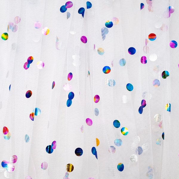 Rainbow Party Polka Dot Tulle in White - ultra-fine tulle fabric - 58" wide 100% polyester - rainbow confetti dot white