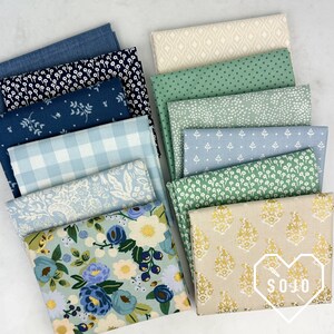 Springy Blue and Green Fat Quarter Bundle - Curated by Sojo Fabric - Prints from Rifle Paper, C + S , Moda, Riley Blake and Andover - 12 pcs