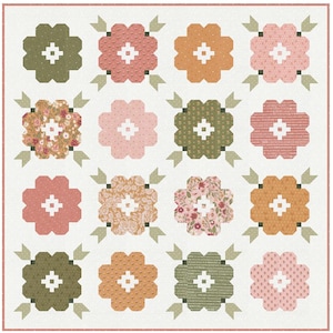 May include: A floral quilt featuring sixteen flower blocks in various colors and patterns. The flowers are arranged in a grid on a white background. Each flower has a white cross in the center and green leaves. The quilt has a cream-colored border.
