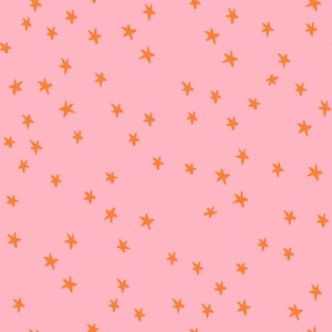 May include: A repeating pattern featuring small, hand-drawn orange stars scattered across a solid light pink background. The stars vary slightly in size and orientation, creating a consistent, evenly distributed design across the entire surface.