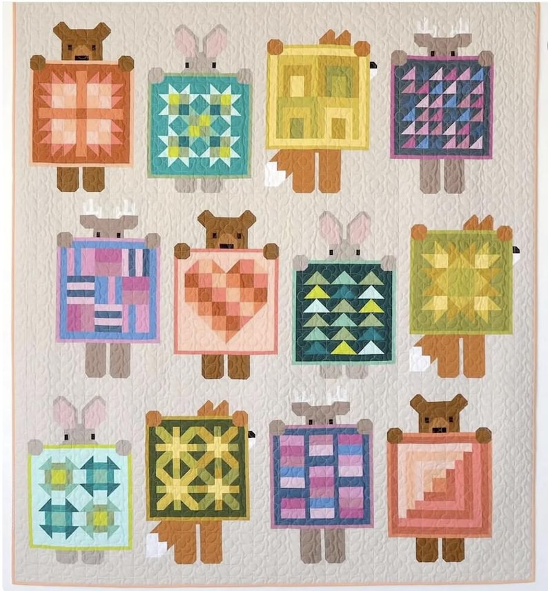 May include: A colorful patchwork quilt featuring whimsical animal figures holding geometric designs. The quilt showcases a variety of patterns, including hearts, triangles, and squares, in shades of orange, blue, green, and pink. The quilt is made of fabric.