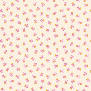 May include: A repeating pattern of small pink and yellow floral elements on a cream background. The flowers are evenly spaced and create a delicate, feminine design. The pattern is suitable for fabric or wallpaper.