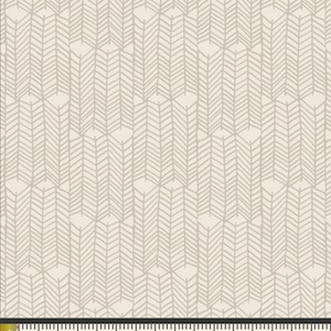 May include: A seamless pattern of beige and white chevron shapes on a white background. The pattern is repeated throughout the fabric.