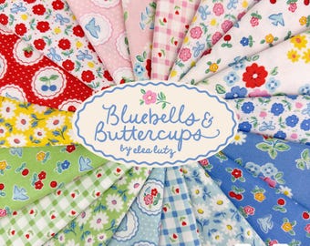 May include: A collection of fabric swatches arranged in a fan shape, featuring various floral, cherry, and gingham patterns in red, pink, yellow, green, and blue. A central oval label reads Bluebells & Buttercups by elea lutz, with a SOJO logo below.