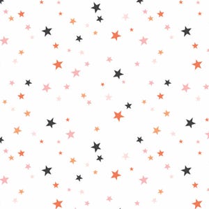 Puede incluir: Patr&oacute;n sin costuras de estrellas de varios tama&ntilde;os en tonos negro, coral, melocot&oacute;n y rosa sobre un fondo blanco. Las estrellas est&aacute;n distribuidas uniformemente, creando un dise&ntilde;o caprichoso y festivo.