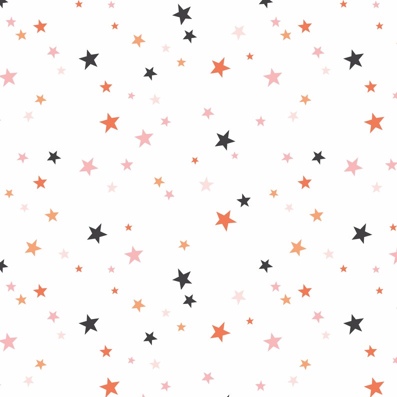 Puede incluir: Patr&oacute;n sin costuras de estrellas de varios tama&ntilde;os en tonos negro, coral, melocot&oacute;n y rosa sobre un fondo blanco. Las estrellas est&aacute;n distribuidas uniformemente, creando un dise&ntilde;o caprichoso y festivo.