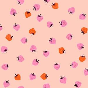 May include: A repeating pattern of stylized strawberries in shades of pink and orange on a light peach background. The strawberries have dark green stems and are scattered across the surface.