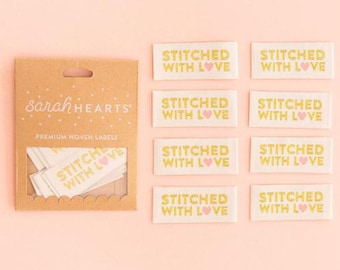 Sarah Hearts Premium Woven Tags -  Stitched With Love - perfect for all your handmade projects -  LP104 - 8 hearts per package