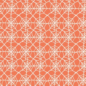 Puede incluir: Patr&oacute;n geom&eacute;trico repetitivo en naranja y blanco. El dise&ntilde;o presenta formas interconectadas, creando un patr&oacute;n sim&eacute;trico y visualmente atractivo. Las l&iacute;neas blancas forman una estructura similar a una telara&ntilde;a sobre un fondo naranja.