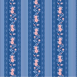 May include: A seamless pattern featuring vertical stripes in light and dark blue, interspersed with floral vines. The vines have pink roses, small red berries, and light blue leaves, creating a classic, feminine design.